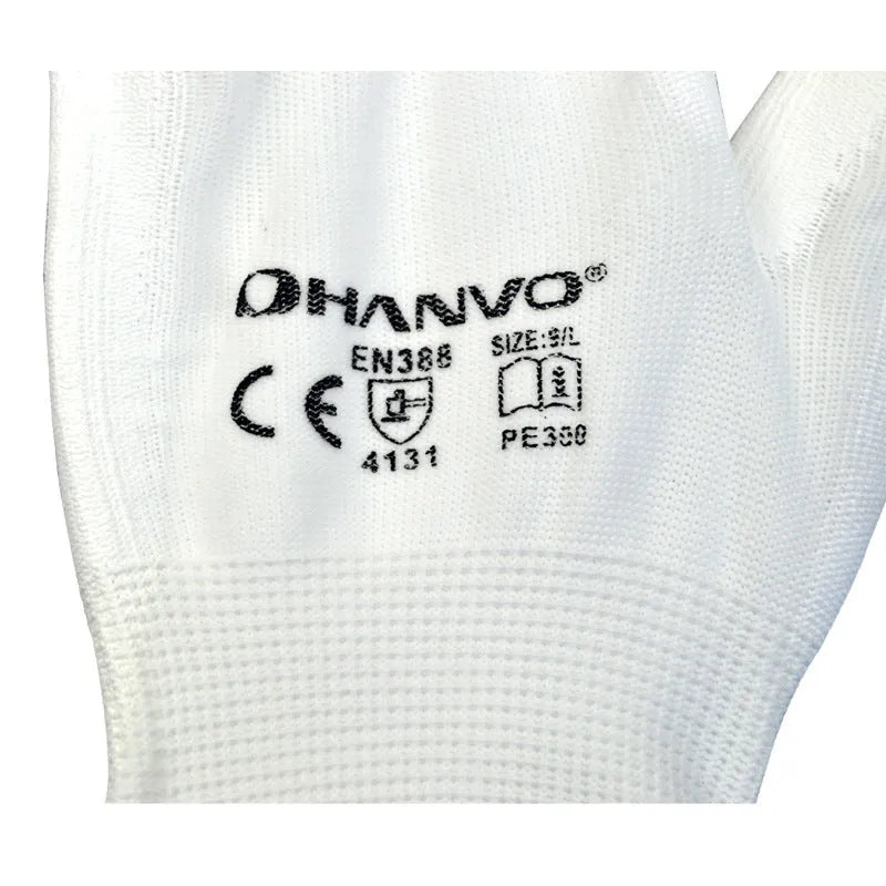 White PU coated work gloves showing palm coating and knit back construction