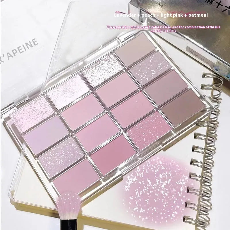 16 colour eyeshadow palette showing shimmer and matte shades in pink, brown and lavender colours