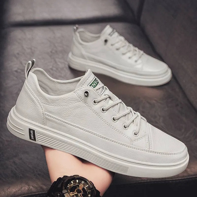 Men's casual white PU flat shoes with round toe and low heel slip-on design