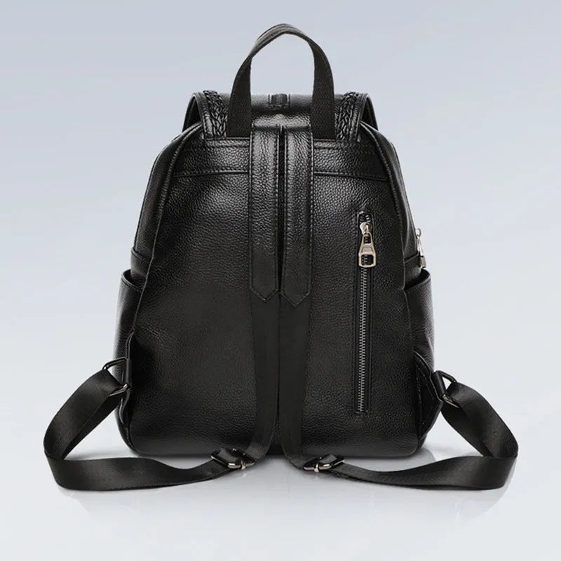 Genuine leather women's backpack in blue with multiple compartments and waterproof function