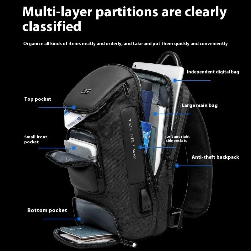 Men's mechanical style single-shoulder bag in black or grey Oxford cloth with polyester lining for business travel.