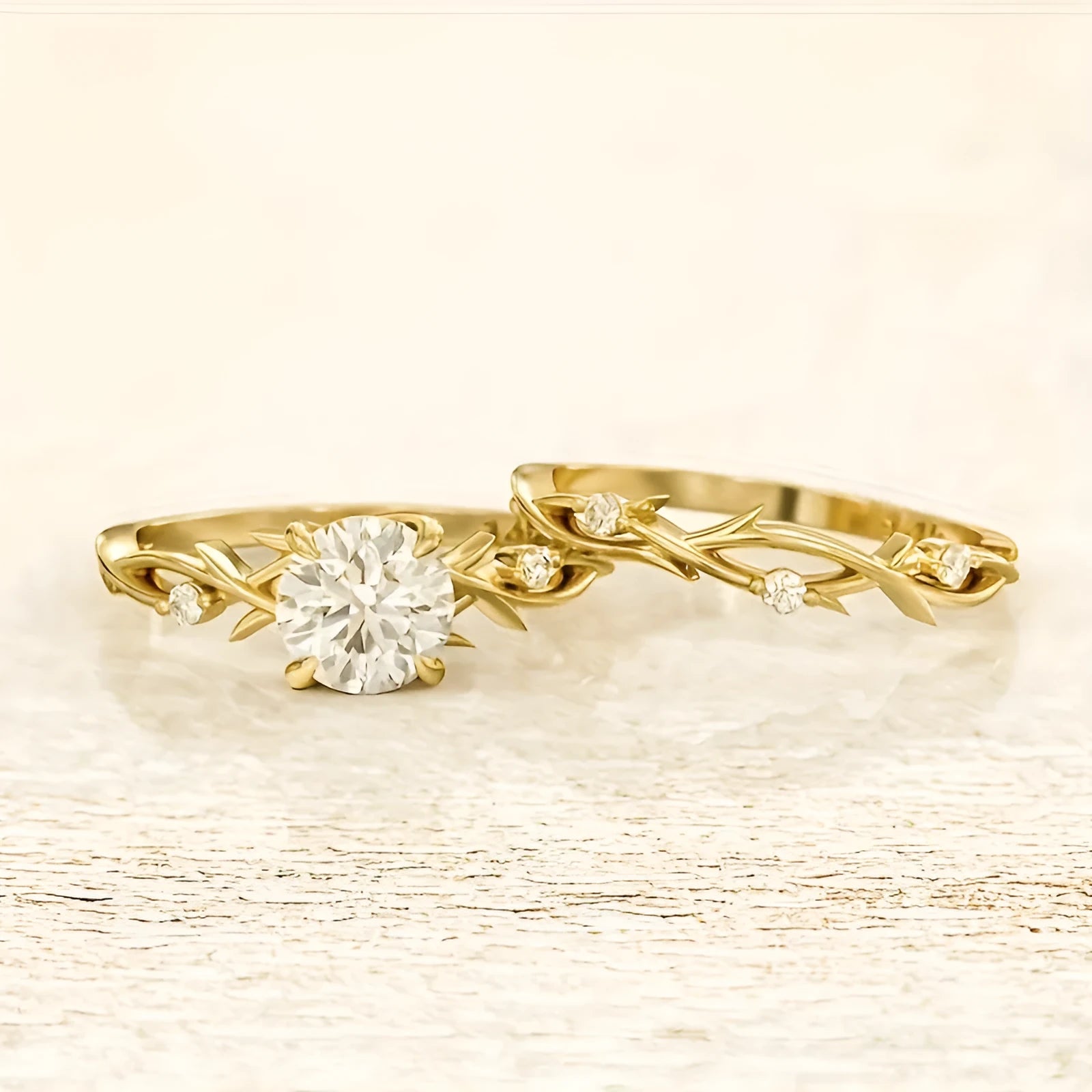Rose gold couple rings with simulated diamond, geometric copper band, sizes No 6 to No 10, on white background.