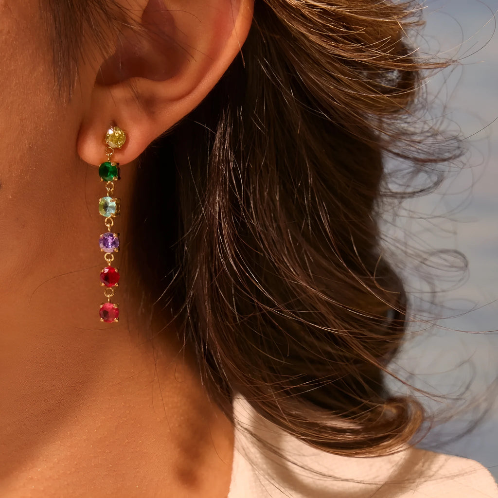 Gold-finish stainless steel earrings with inlaid colour zircon in geometric round and diamond pattern