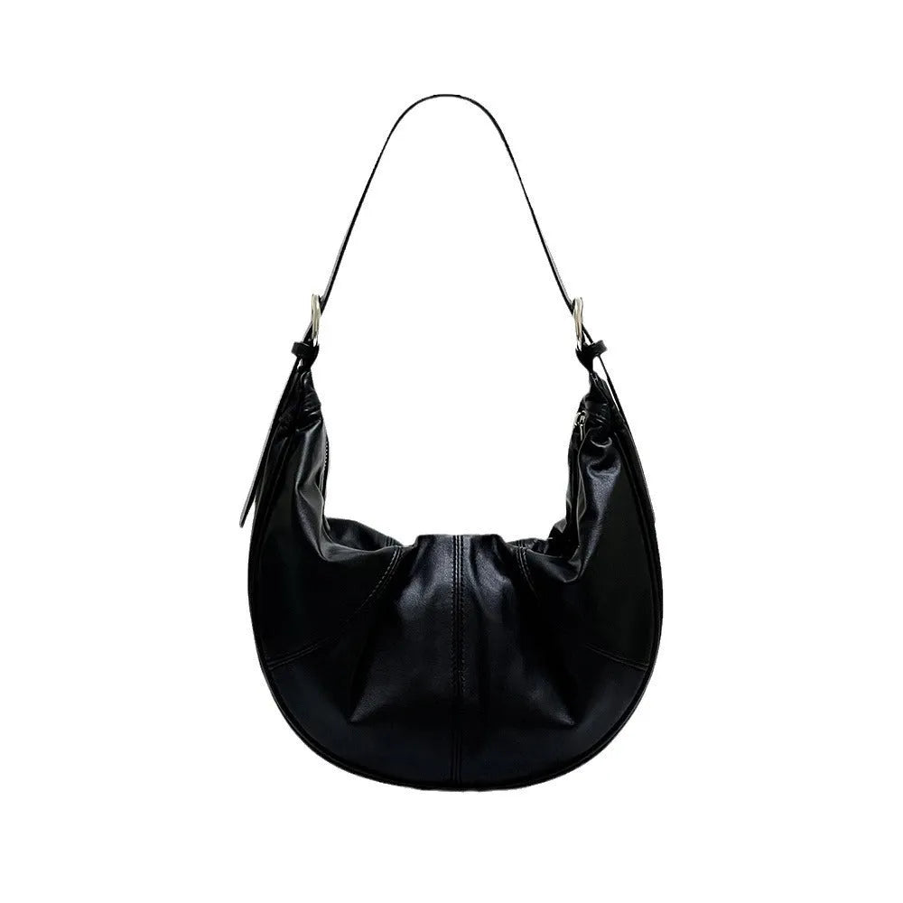 Women's black dumpling-shaped cowhide leather shoulder bag with double strap