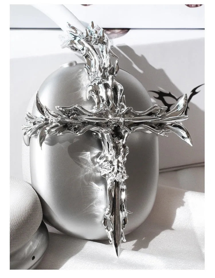 Gothic cross resin headphone cover for Apple AirPods Max in silver colour.