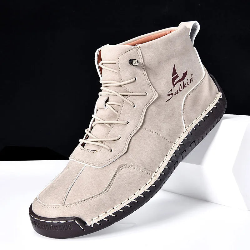 Mid-calf high-top casual boots with round toe and elastic band in artificial PU material
