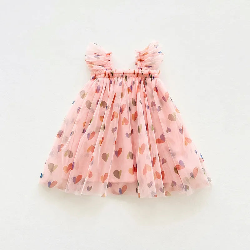 Summer cute heart printing mesh girl dress with cotton lining, apricot love colour, front view on child