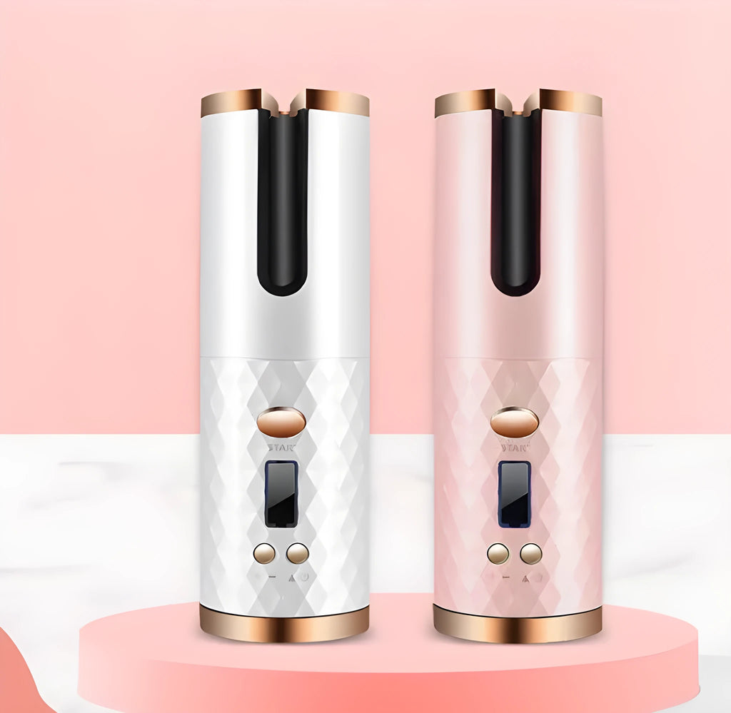 White portable automatic curling iron with USB cable and gold ceramic barrel on a pink background