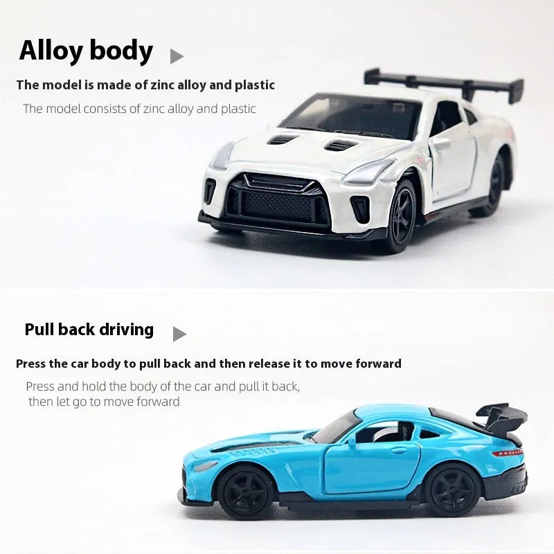 1:50 scale alloy sports car model toy in a random colour, bagged mini car for display