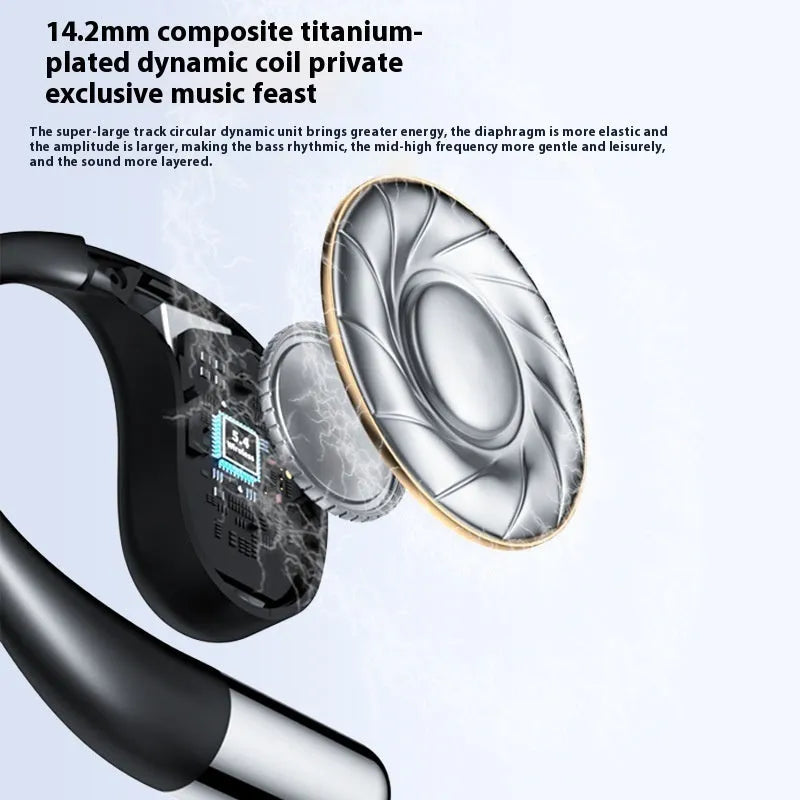Black and beige hanging ear Bluetooth sports earphones with digital display on a white background.