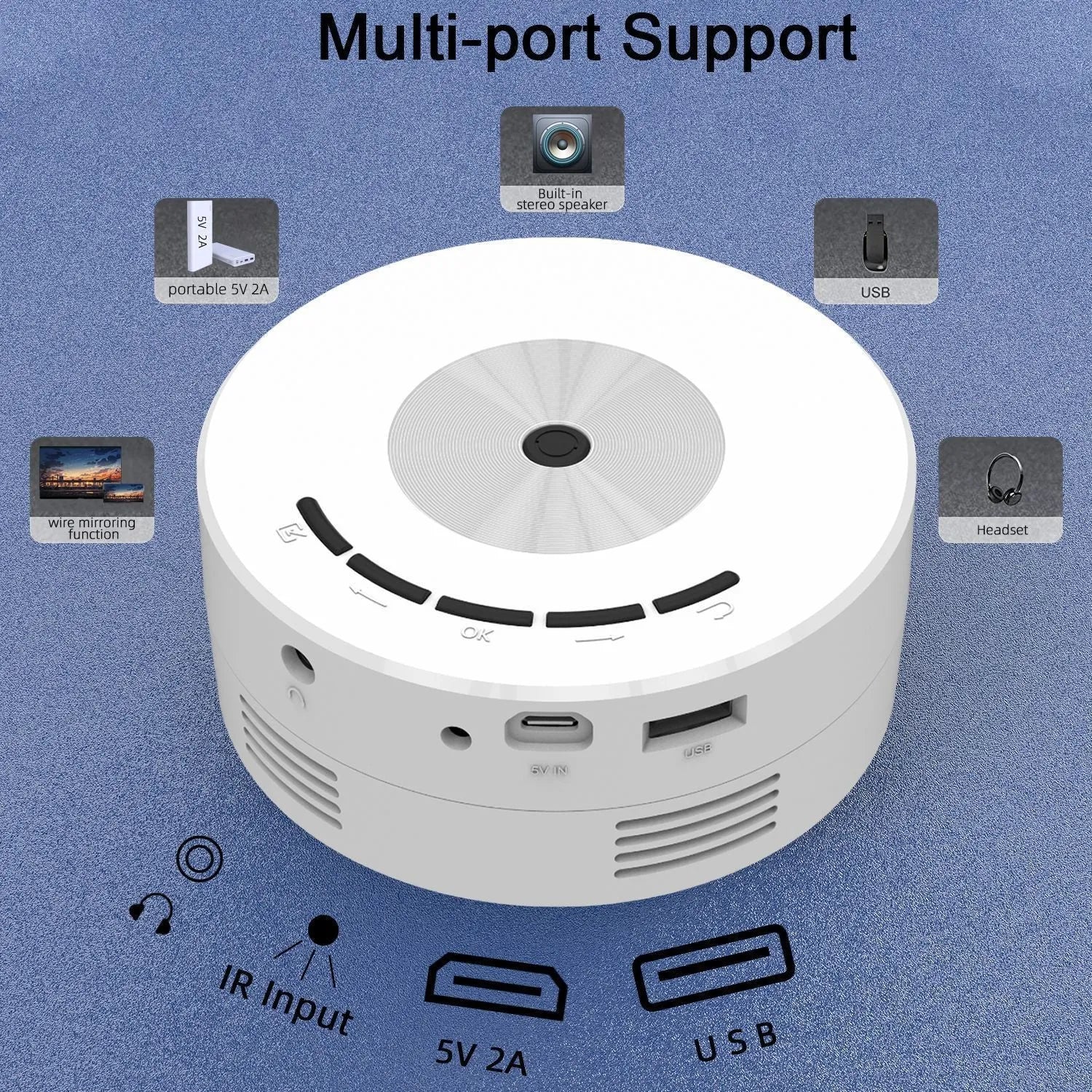 White portable wired same screen projector for mobile phones with remote control
