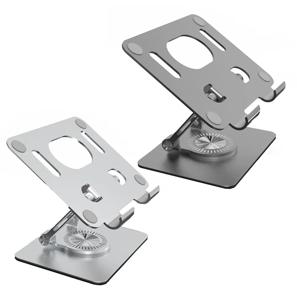 Rotating flat tablet stand in silver or black, metal and silicone, 15cm panel, adjustable height 2-17cm