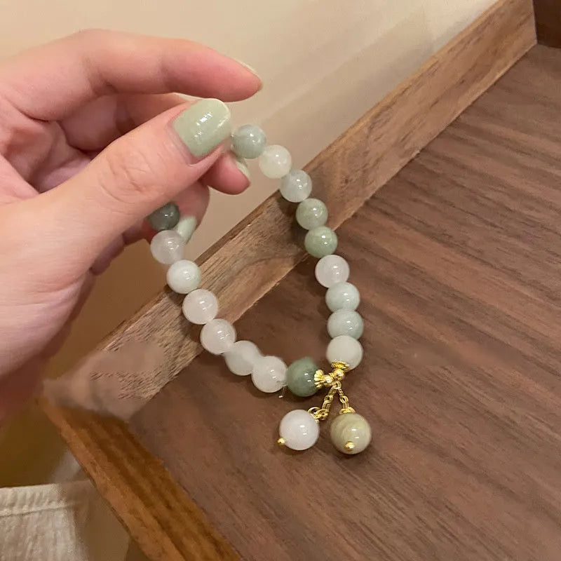White rice-shaped bead bracelet for women, handmade multi-layer ethnic style with round beads