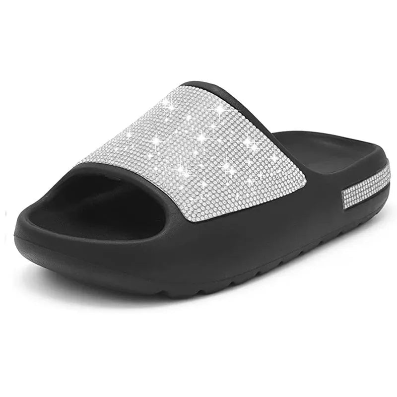 Women's rhinestone slippers with peep-toe thick sole in apricot, side view showing rhinestone upper and EVA sole
