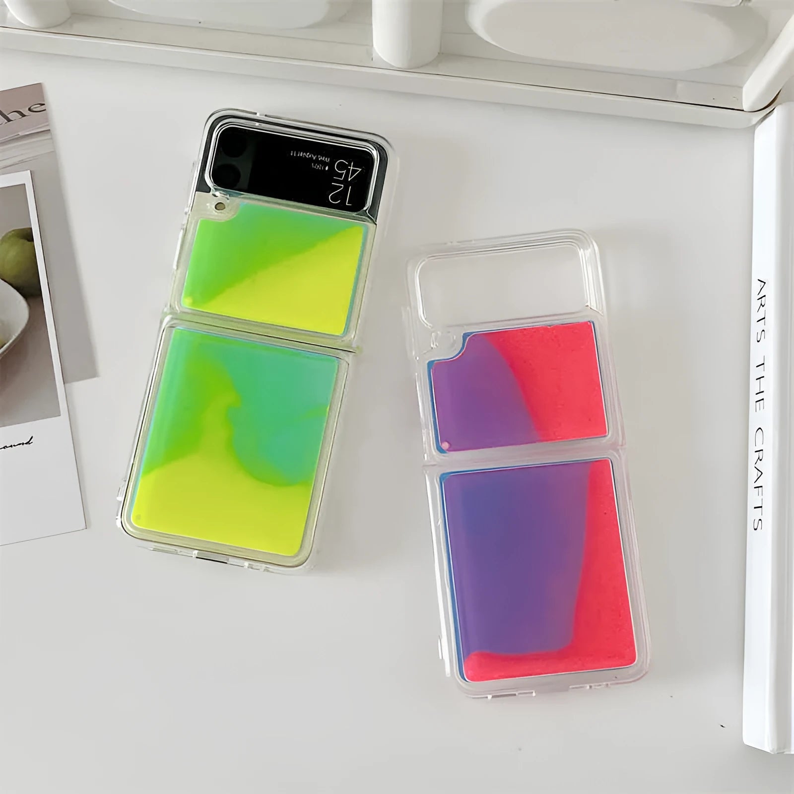Luminous quicksand silicone phone case for Samsung Galaxy Z Flip6 in yellow green colour