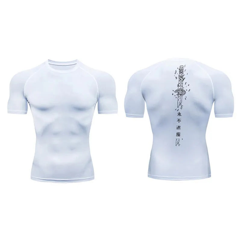 Men's sword printed short sleeve compression shirt in loose fit Asian sizing