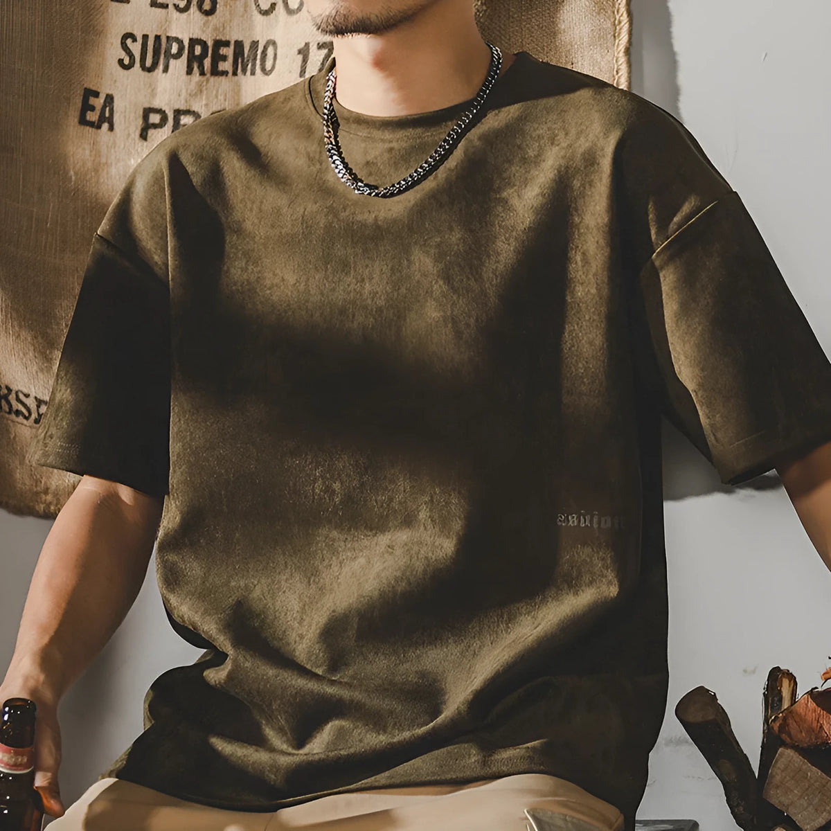 Retro washed men's short-sleeved T-shirt with letter, number, and text pattern, loose drop-shoulder fit, five colours