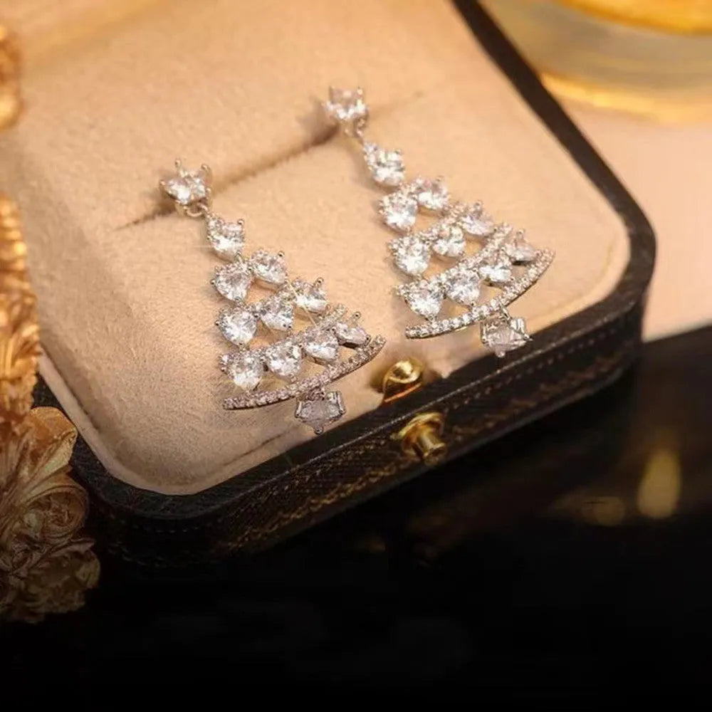 Women's silver needle Christmas tree earrings in gold and silver pair, alloy electroplated geometric shape with Christmas bell