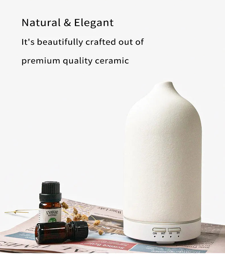 Ceramic ultrasonic aroma diffuser 100ml capacity with mist output, available in multiple colours