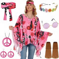 Tie dye pattern cloak costume with wide bell sleeves and irregular hemline, shown in rainbow colours.
