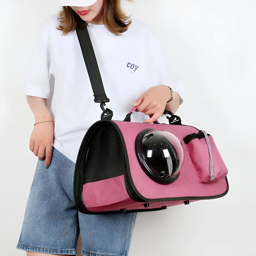 Portable cat bag in Oxford fabric, crossbody pet carrier with 13kg capacity, cup lid colour options.