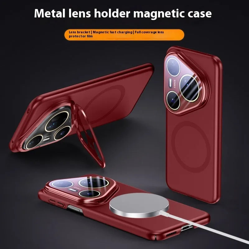 Huawei P80 series magnetic lens bracket phone case with frosted PC back shell in black, silver, bright red colours