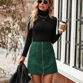 Women's black high-waist short skirt with a front zipper and button stitching detail.