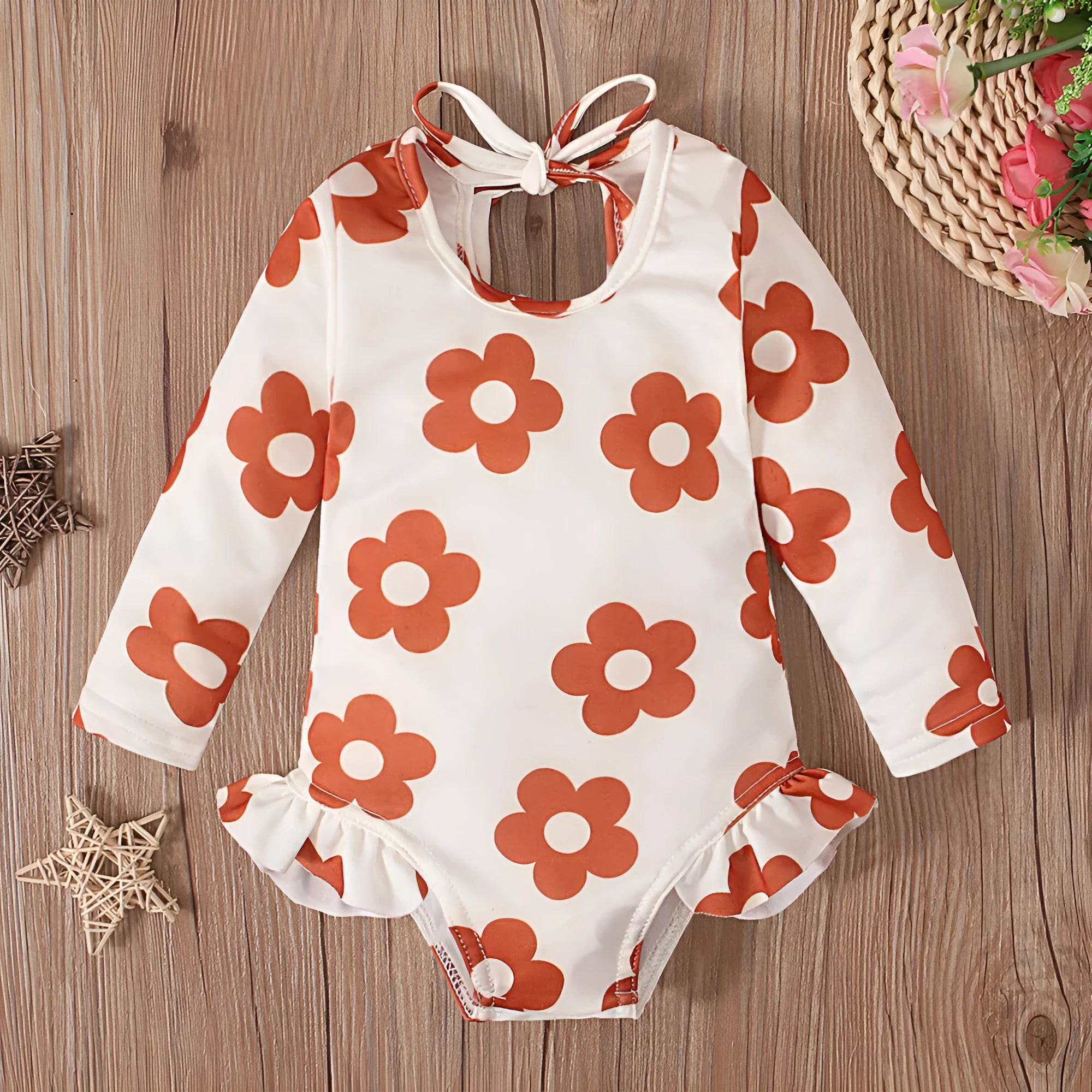 Girl's pattern graphic print crew neck open back swimsuit in orange red with flower design, polyester fabric