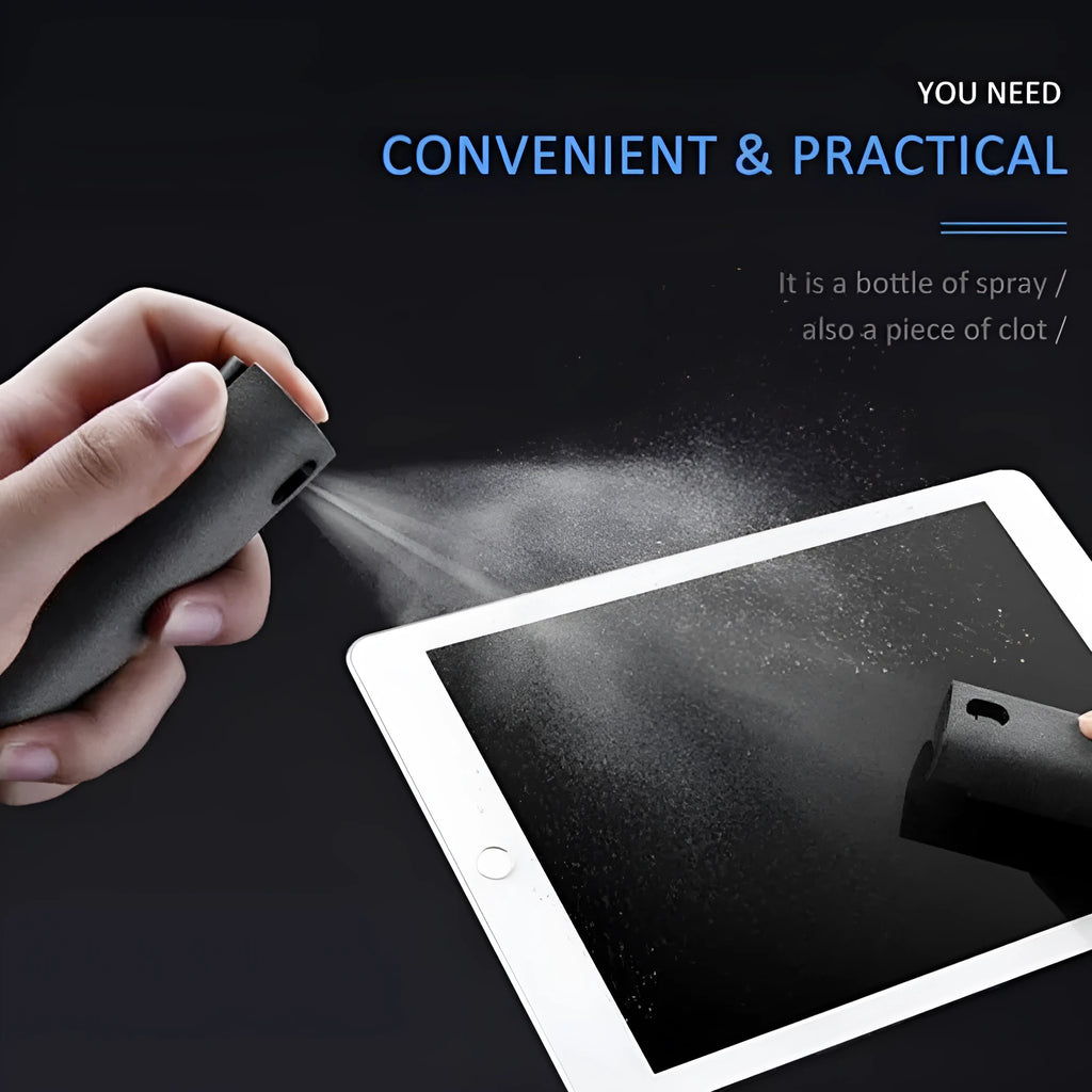 2-in-1 screen cleaner kit with spray bottle and microfiber cloth for mobile phone and computer screens in pink and gray