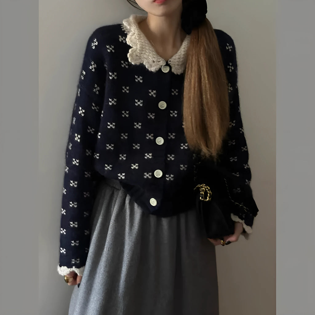 Retro Peter Pan collar knitted cardigan with floral embroidery in navy blue colour