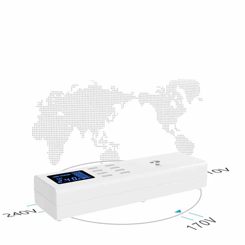 Smart multi-port USB charger in ceramic white, 220x67x39mm, with indication light and 1.5m cable