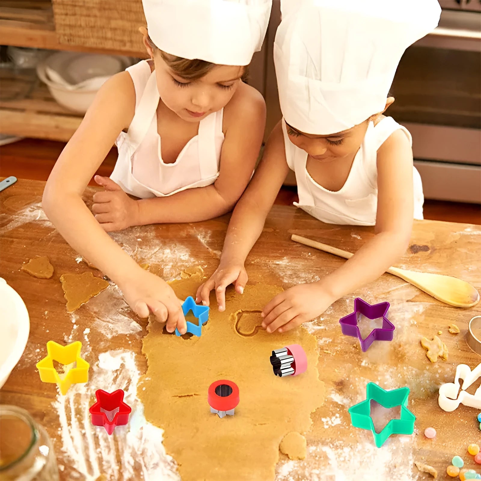 18-piece children's kitchen toy set with cut-proof saw knife, cutting board, and baking cover on table