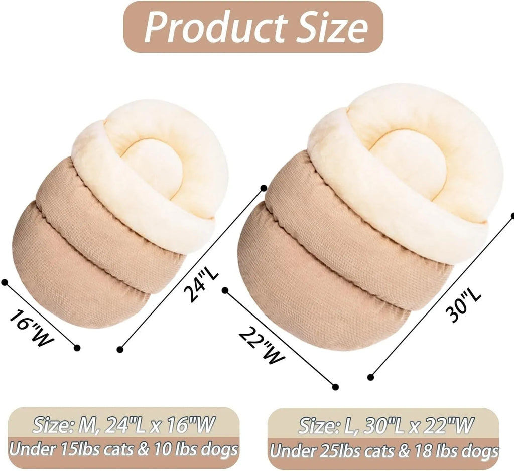 Grey slipper-shaped cat cave bed with plush lining on a wooden floor.