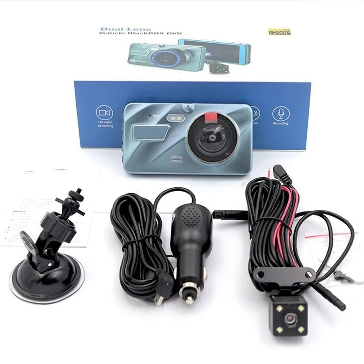 4-inch dash cam with IPS screen and dual lens installed on car windscreen showing HD night vision recording