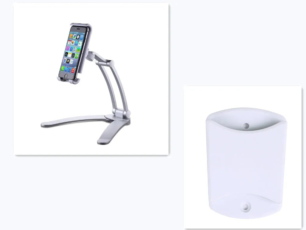Silver aluminium desktop stand holding a tablet at an angle on a wooden desk.