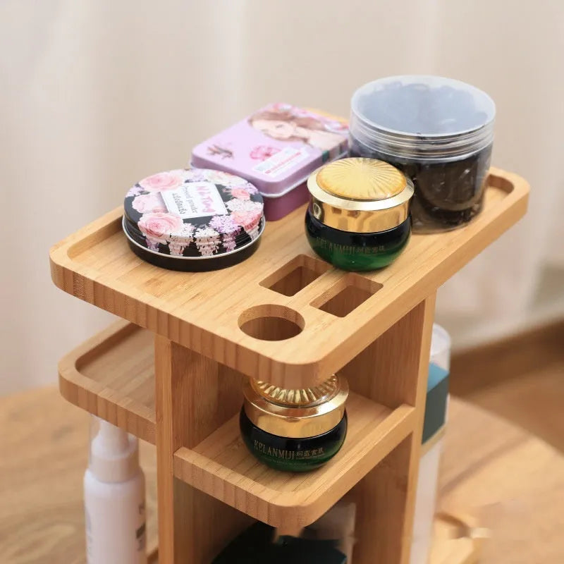 Bamboo rotating storage rack with grid shelves measuring 25×18×29cm