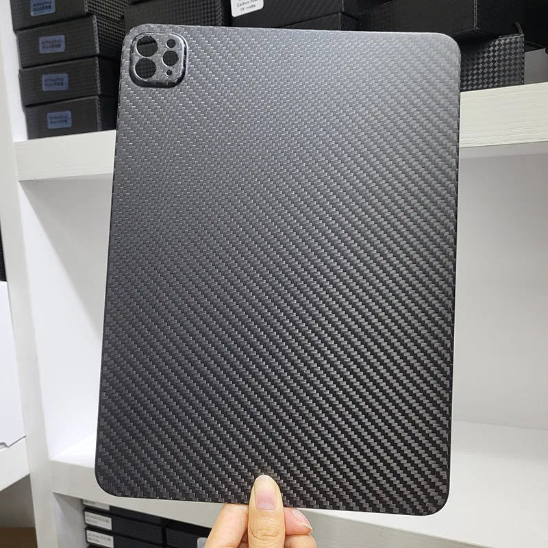 Carbon fibre hard protective case for iPad Pro 11 showing plaid weave pattern in a choice of three finishes.