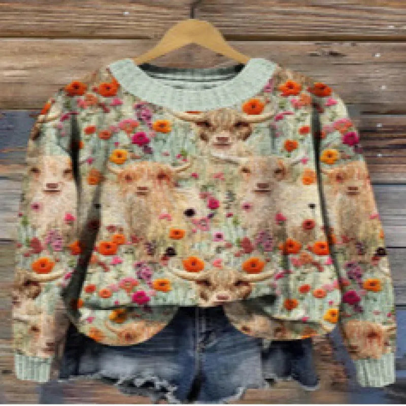 Little Flower digital printed round neck sweater in a floral pattern, made from polyester fabric.