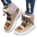 Beige women's lace-up suede snow boots with a thick platform sole and fur lining.