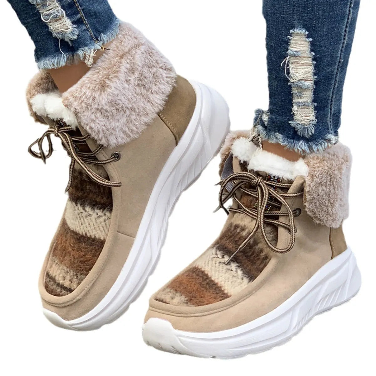 Beige women's lace-up suede snow boots with a thick platform sole and fur lining.