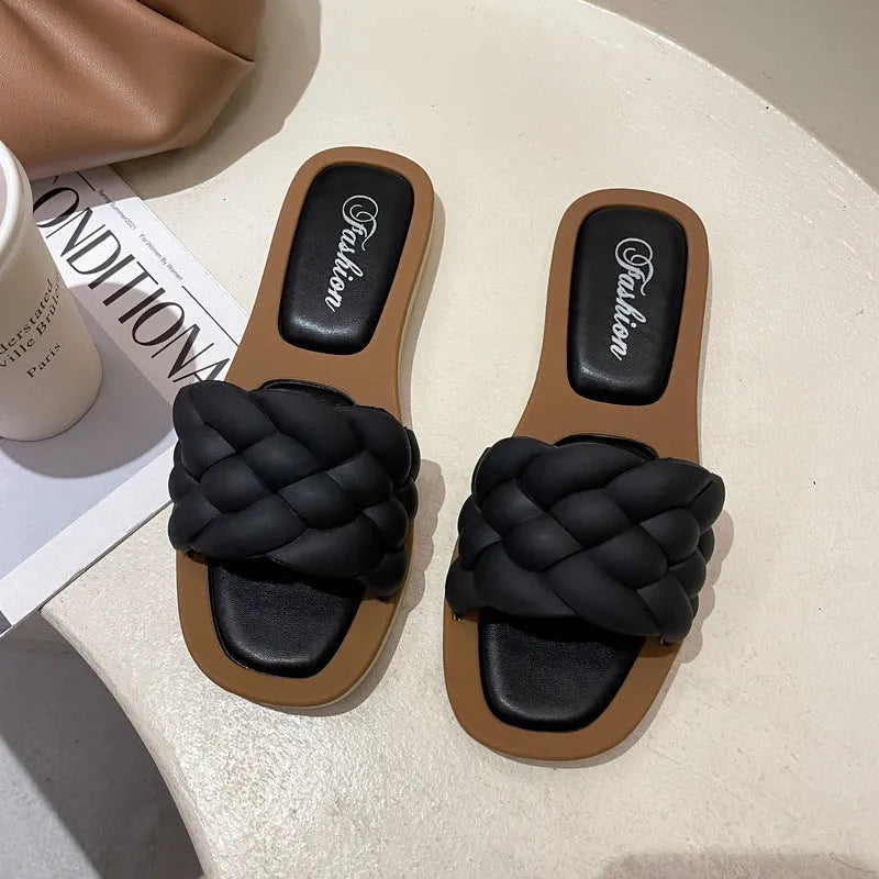 Women's plaid pattern beach sandals with thick anti-skid PVC sole in white, shown from the side.