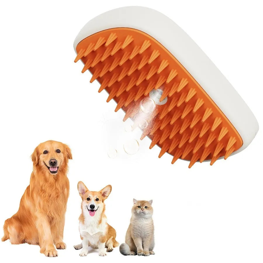 USB rechargeable cat steam brush in white and orange with ABS/TPR body, 11.8x6.8x5.5cm size