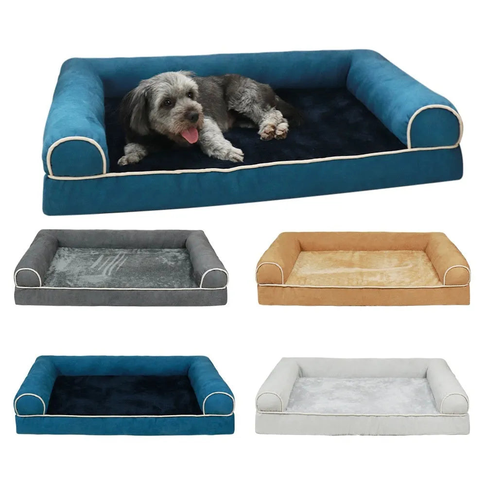 Rectangular grey dog bed with square raised edges and sponge fill for a sleeping dog.