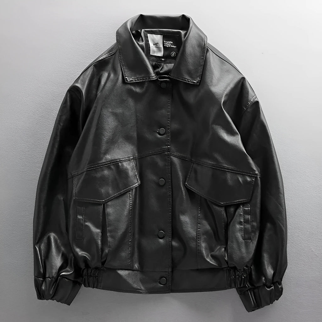 Men's black PU leather biker jacket with loose fit and zip front, available in sizes M to XXL