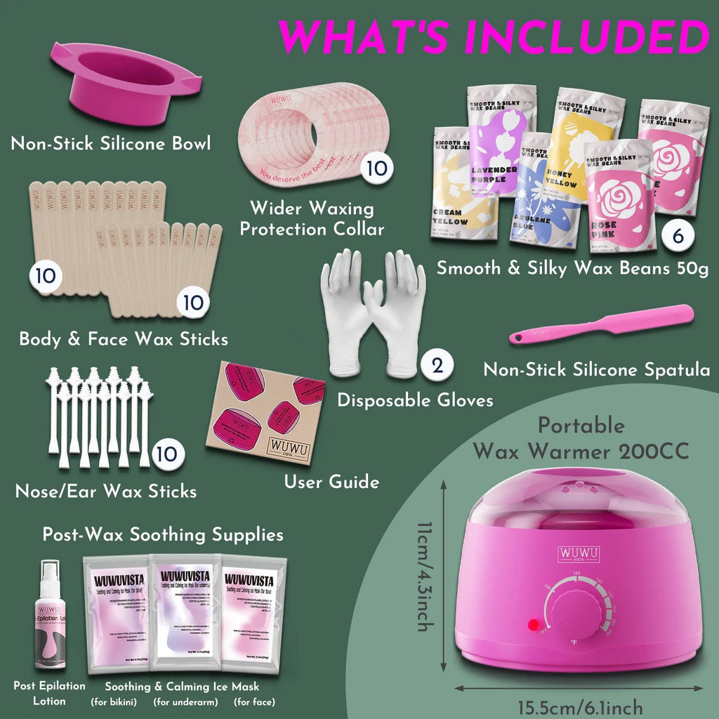 WUWUVISTA 56-piece professional waxing kit with wax warmer, coloured wax beads, applicators, and aftercare products