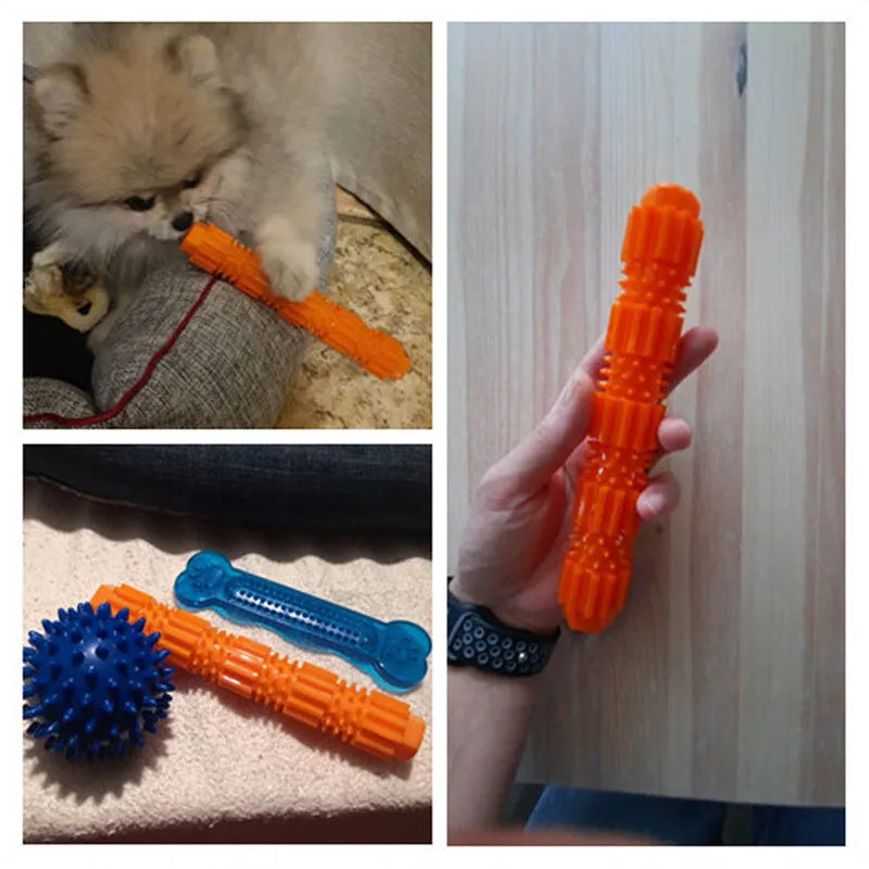 Green and orange rubber dog chew toy with treat dispensing compartment and squeaker for aggressive chewers