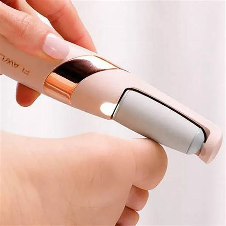 Electric foot grinder in white or pink with two grinding heads and USB cable, ABS body, 19.2cm bare size