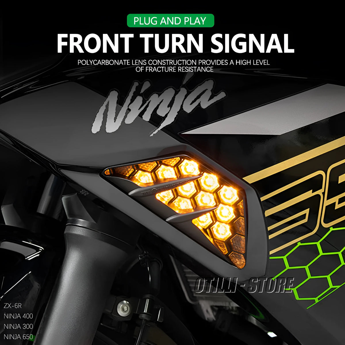 Black LED turn signal with hexagonal lens for Kawasaki Ninja ZX-6R 300 400 650 1000 plug and play