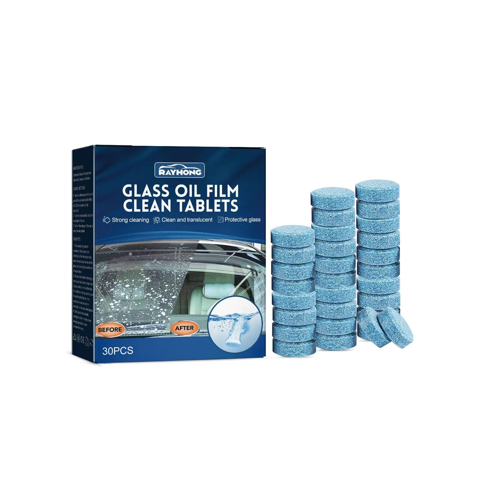 Box of 30 car windscreen cleaning effervescent tablets for removing oily film