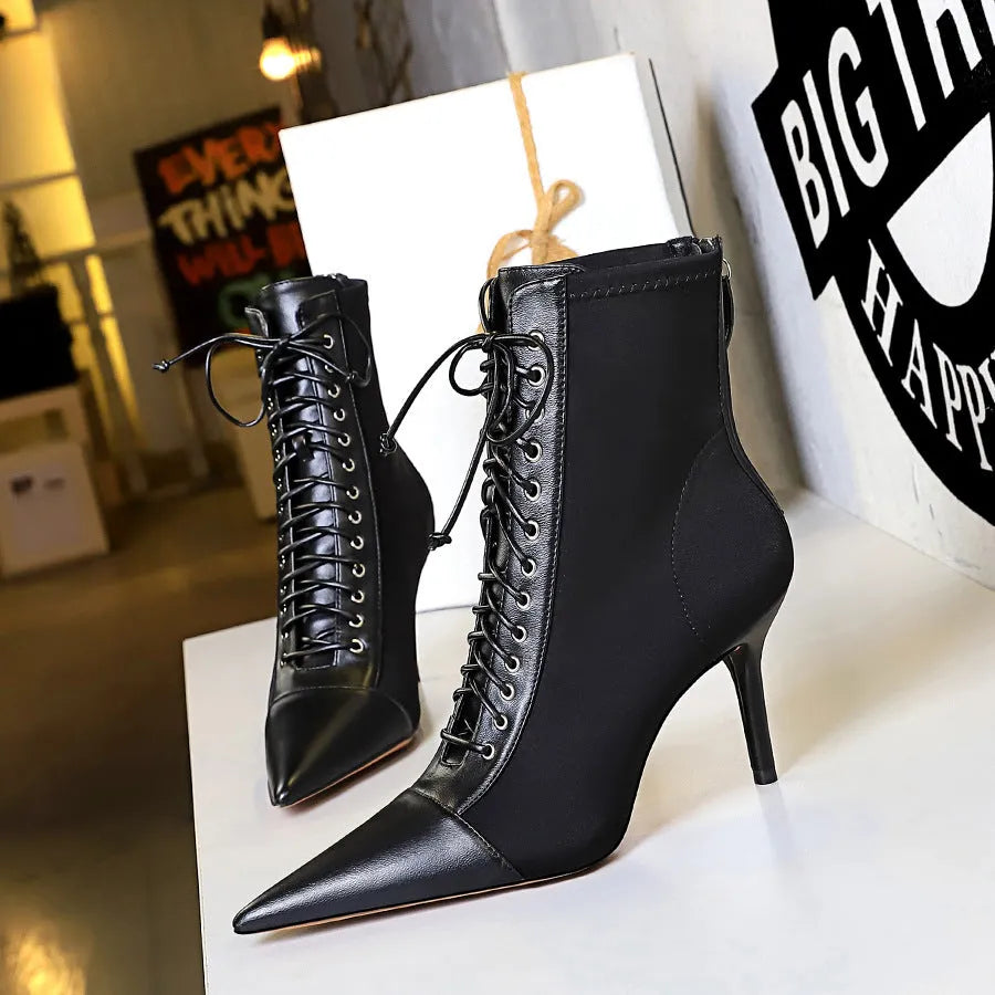 Women's black stiletto heel boots with pointed toe and back zipper, 6-8cm heel, sizes 34-43